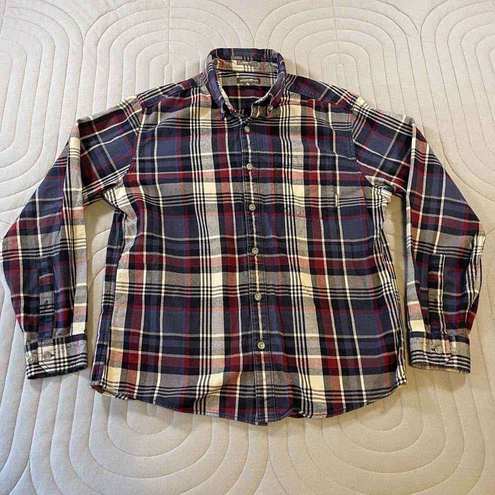 EDDIE BAUER Mens Large Flannel Shirt Navy Red Plaid Long Sleeve Soft Cotton-MINT